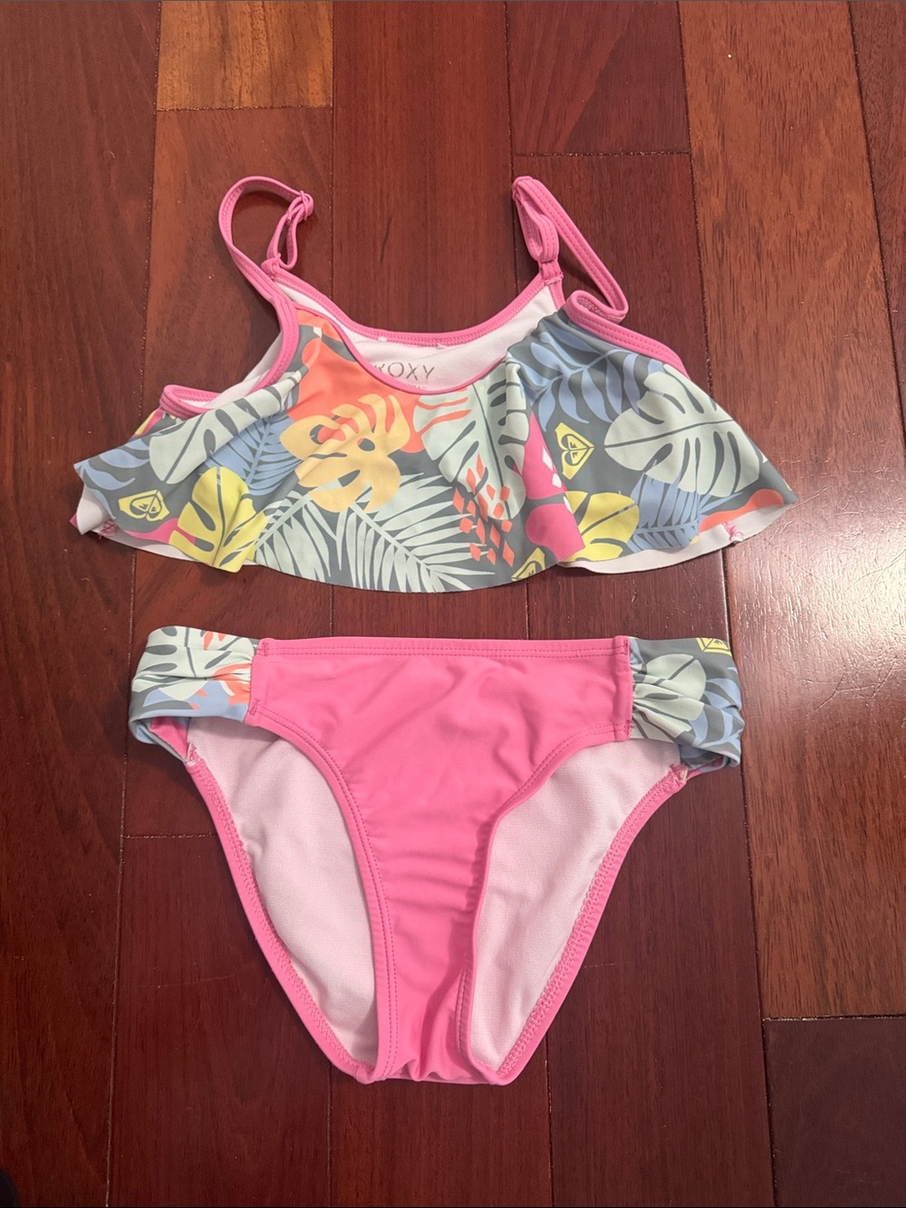 Roxy Girls Pink Tropical Print Ruffle Two-Piece Swim Set